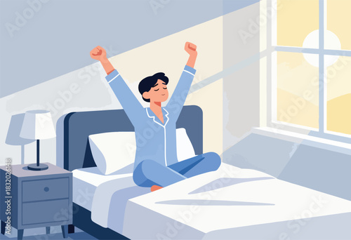A person in blue pajamas stretches and awakens, sitting on a bed beside a nightstand, morning light streams in