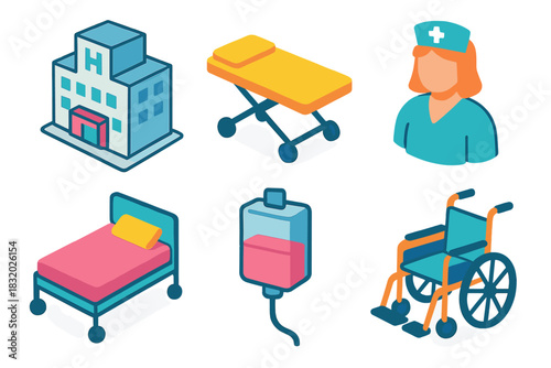 Isometric Medical Icons. Medical Services flat icon set: hospital building, stretcher, nurse, patient bed, IV bag, wheelchair