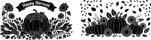 Happy Harvest festive pumpkin and sunflowers illustration in black and white
