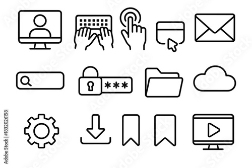 Digital Skills Icons. Learning Technology Skills linear icon set: video call window, typing hands, touchscreen tap, email envelope, search bar, password lock, file folder, cloud