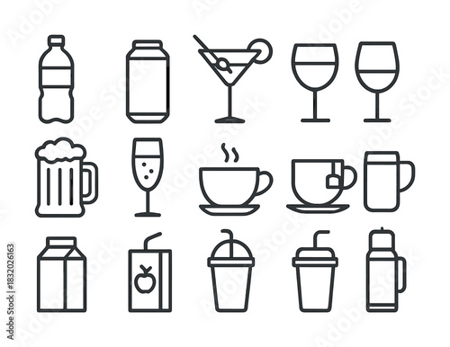 Outline icons of various beverage containers and drinks