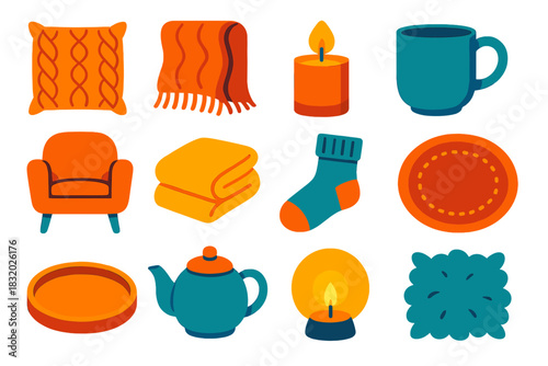 Cozy Home Essentials. Hygge Haven flat icon set : knitted pillow, wool throw, candle flame, ceramic cup, soft chair, folded blanket, wool sock, cozy rug, wooden tray, tea pot, warm