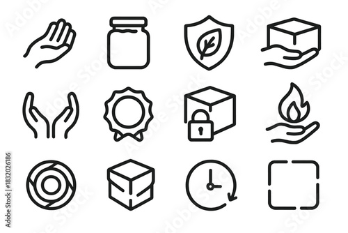 Preservation Icon Set. Preserve Icons linear icon set: protective hand, sealed jar, shielded leaf, safeguarded box, careful hold symbol, preservation badge, locked archive, steady
