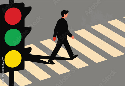 Stylized illustration showing a person crossing a crosswalk as a traffic light indicates either stop or proceed