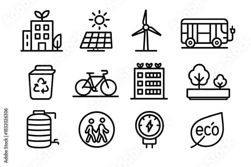 Urban Sustainability Icons. Urban Sustainability linear icon set: green building, solar panel, wind turbine, electric bus, recycling bin, bike lane, rooftop garden, tree planter
