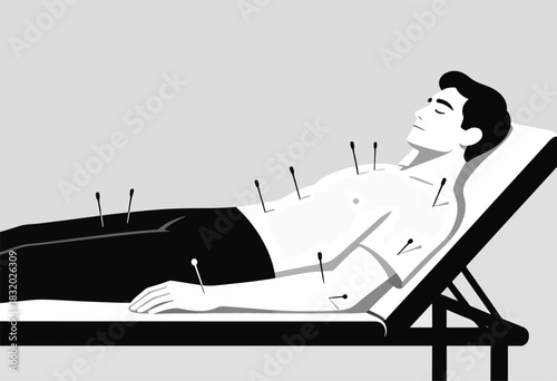 A stylized illustration shows a man undergoing acupuncture treatment, needles inserted in his body. He is reclining