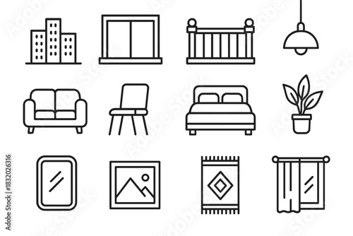 Apartment Icons Skyline. City apartments linear icon set: skyline, window, balcony, light fixture, sofa, dining chair, bed, potted plant, mirror, wall frame, rug, curtain