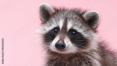 A cute raccoon with a soft gaze, against a rosy backdrop