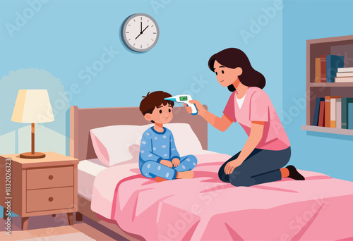 A mother checks her child's temperature with an infrared thermometer while he sits on the bed, looking unwell