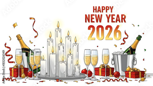 Cheerful New Year 2026 celebration with champagne and festive elements.