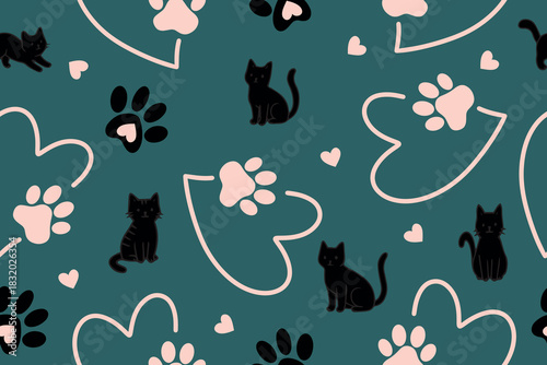  Cat and paw pattern vector illustration featuring playful silhouettes and heart shapes. This seamless design is perfect for pet-themed backgrounds, textiles, and creative projects.
