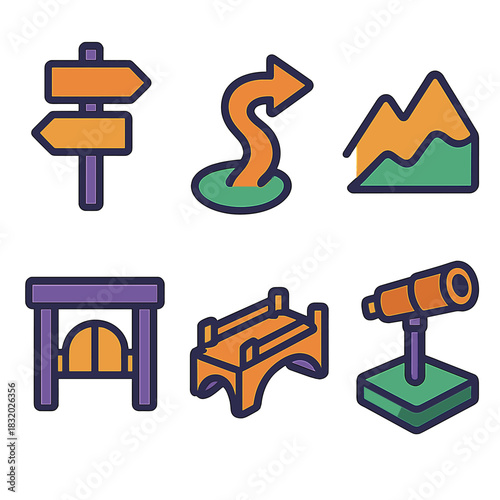 Colorful Trail Icons. Trail Markers flat icon set: signpost, path arrow, elevation line, bridge, trailhead gate, lookout point