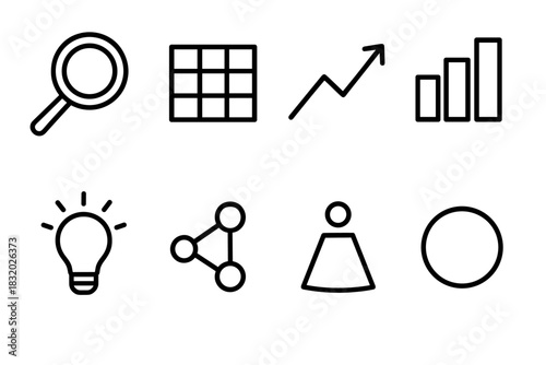 Data Analysis Icons. Analytical Report Elements linear icon set: magnifying lens, grid table, trend arrow, comparison bars, insight spark, data nodes, highlight beam, clarity ring