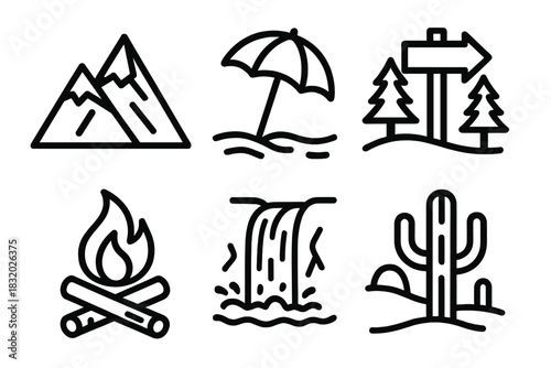 Adventure Icon Collection. Travel Adventures linear icon set: mountain peak, beach umbrella, forest trail sign, campfire, waterfall, desert cactus