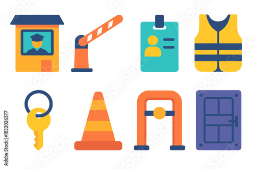 Modern Security Icons. Physical Security Set flat icon set: guard post, barrier gate, ID badge, protective vest, key ring, safety cone, checkpoint sign, reinforced door