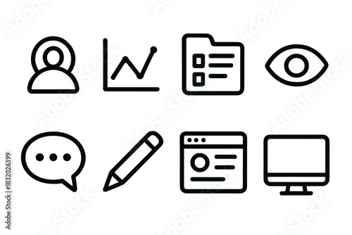 Doodle Dashboard Icons. Creator Dashboard set of icons in doodle hand-drawn vector style: user profile, analytics graph, playlist folder, view counter, comment bubble, edit icon