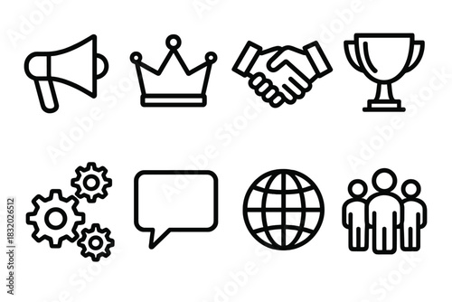 Leadership Icons Montage. Leadership Energy linear icon set: megaphone, crown, handshake, trophy, gears, speech bubble, globe, team
