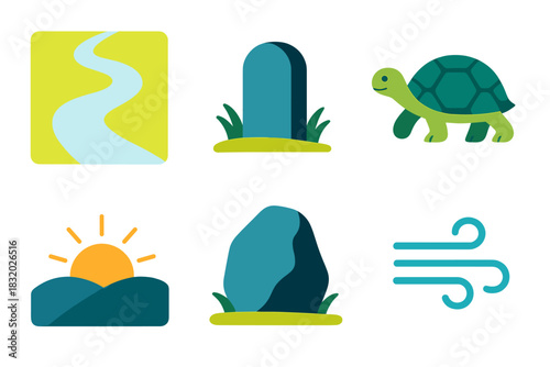 Patience Path Icons. Patience Journey Set flat icon set: winding path, milestone stone, slow-moving turtle, sunrise horizon, stable rock, gentle breeze
