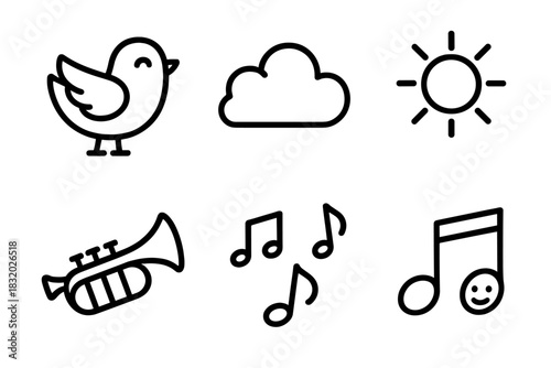 Joyful Musical Icons. Joyful Melody linear icon set: bird, cloud, sun, trumpet, note trail, smiley note