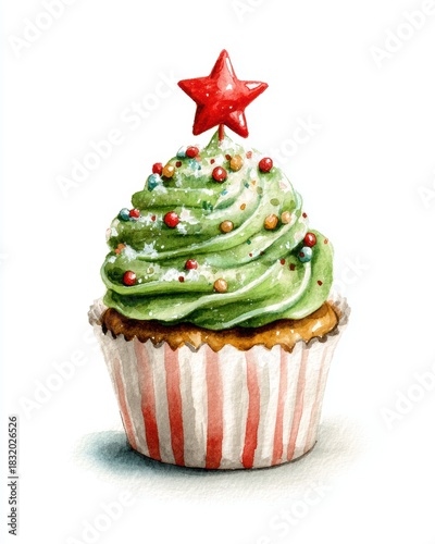 Watercolor illustration of a Christmas cupcake, clip art