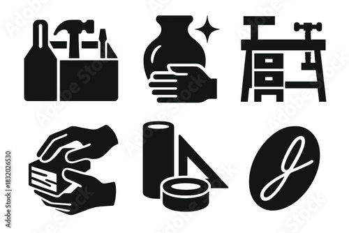 Crafting Icons Collection. Artisan Workshop silhouette icon set: toolbox, handmade product, workshop table, skilled hands, crafting materials, signature finish