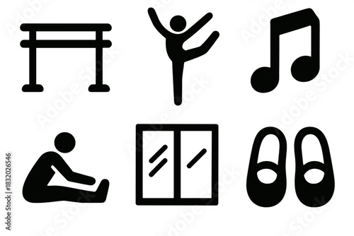 Dance Warm-Up Icons. Dance Warm-Up silhouette icon set: ballet bar, dancer pose, leg stretch, music note, mirror wall, soft shoes
