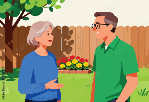 Two people converse in a garden. An older woman in blue talks to a man with glasses and a green shirt. A fence and flowers are visible