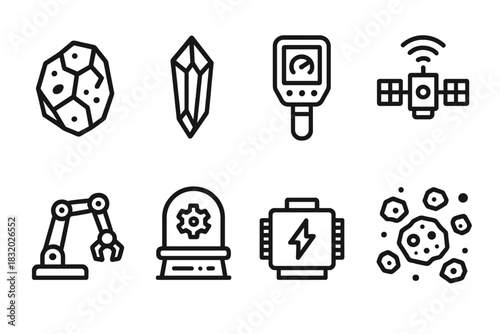 Cosmic Extraction Icons. Cosmic Resources linear icon set: rare mineral, crystal shard, scanner device, satellite link, extraction arm, vacuum chamber, power unit, asteroid field