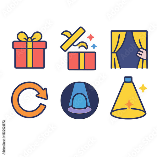 Surprise Icons Collection. Surprise Moments flat icon set: gift box, popping lid, ribbon curl, hidden item, reveal curtain, spotlight circle, twist arrow, shimmer mark