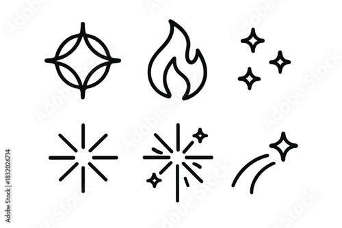 Sparkle Icon Celebration. Celebration Sparks linear icon set. sparkle ring, flame line, shining dots, bright glow, firework mini, motion trail