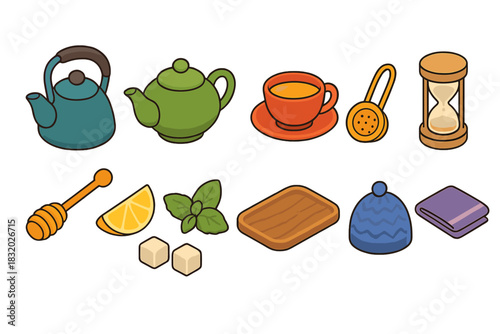 Gather ingredients for a cozy tea experience with kettles, herbs, and sweeteners for a warm break