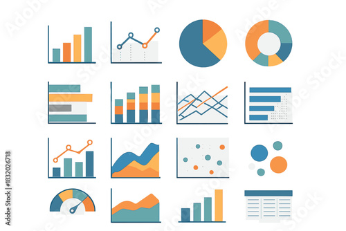 Visual display of various data charts and graphs including bar graphs, line charts, and pie charts for data analysis and presentation