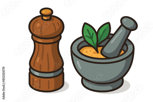 Kitchen tools for cooking: a pepper mill and a mortar with herbs on a countertop