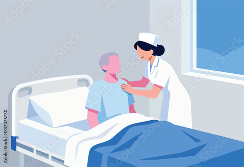 A nurse in white uniform and cap comforts an elderly patient sitting in bed, light background, blue window