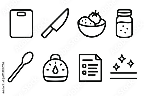 Kitchen Icons Palette. Meal Preparation linear icon set: cutting board, chef knife, ingredient bowl, spice jar, mixing spoon, prep timer, recipe card, clean counter icon
