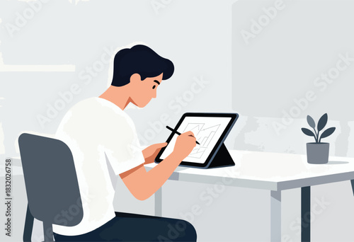 A person sketches on a tablet at a desk, a plant sits nearby, minimalist design