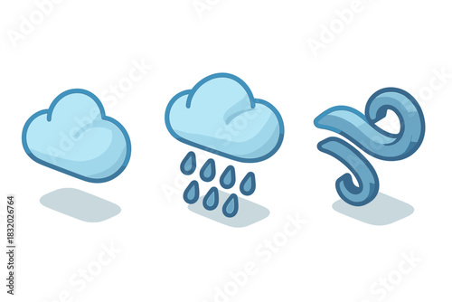 Weather symbols showing cloud, rain, and wind in a simple and colorful design