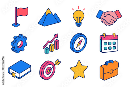 Empowered Icons Collection. Empowered Leadership flat icons set. flag, mountain, light bulb, handshake, gear, chart, compass, calendar, book, target, star, briefcase