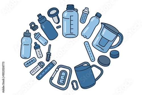 Various water containers and tools arranged in a circular pattern showcasing hydration essentials and kitchen items