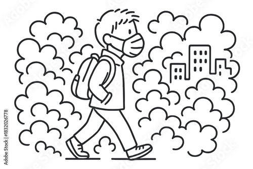 Young person walking in a city while wearing a mask and surrounded by clouds