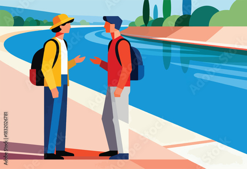 Two figures converse by a waterway. Simplified forms, bold colors, minimalist style, with green trees in the background