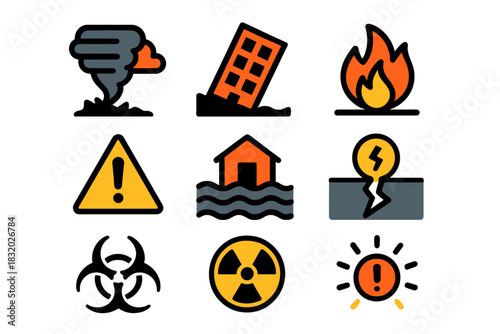 Natural disaster emergency symbols including tornado, flood, fire, and warning signs to convey urgent safety messages