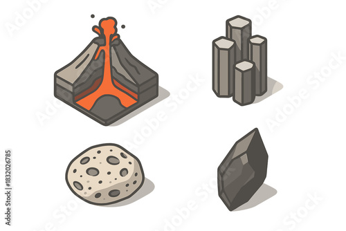 Different types of volcanic rocks and minerals displayed together for educational purposes