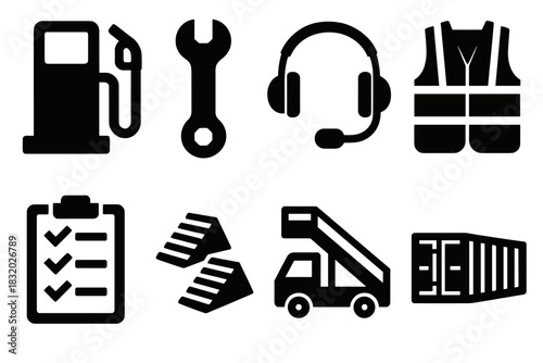 Airplane Operations Icons. Airplane Operations silhouette icon set: fuel pump, maintenance wrench, headset, safety vest, checklist, chocks, ladder truck, cargo container