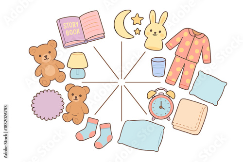 Cute bedtime illustration showing toys, clothes, and bedtime items for children in a playful layout