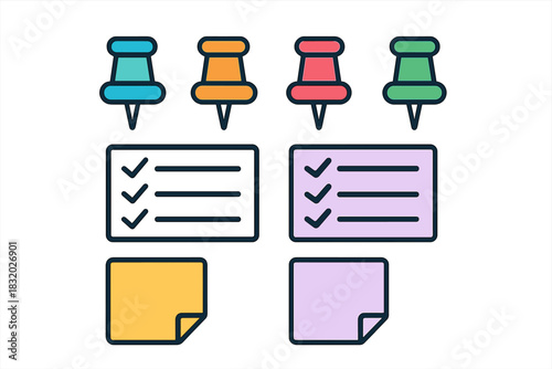 Colorful push pins and checklists on a clean workspace for organizing tasks