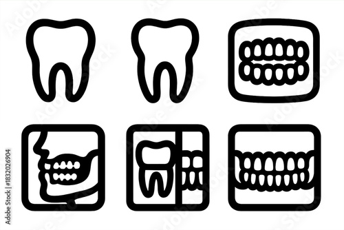 Brutalist Dental X-Ray Icons. Dental X-Ray Set silhouette icon set: tooth outline, molar root view, dental arch, jawbone scan, bitewing image, panoramic curve