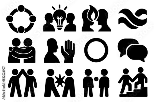 Interpersonal Connection Icons. Interpersonal Connection Icons silhouette icon set: community circle, shared idea bulb, empathy flame, gentle wave, bonding moment icon