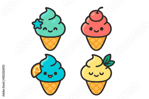 Colorful cartoon ice cream cones with smiling faces in various flavors and toppings at a fun summer gathering