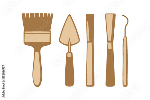 Various tools for artistic projects displayed in a clean, minimalist style on a light background